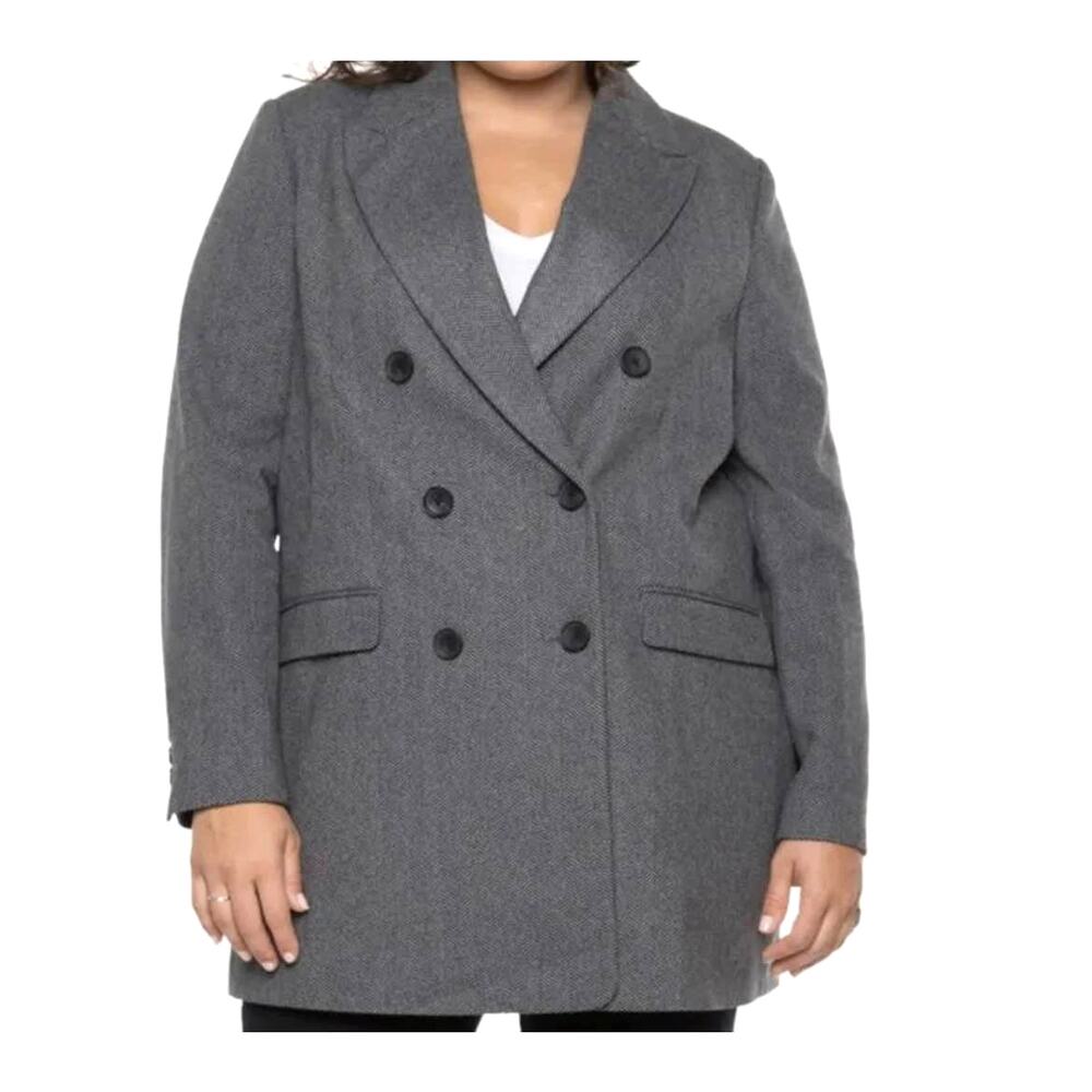 Women's Plus Size 0X Grey Herringbone Double Breasted Workwear Coat Jacket